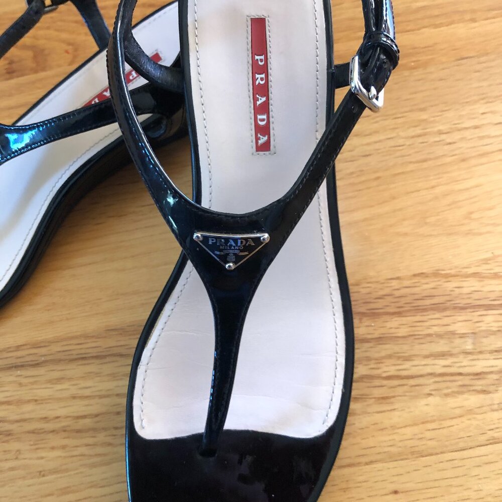 Prada Thong Wedge Sandals Triangle Logo Leather T-Strap Slingback Black EU 40